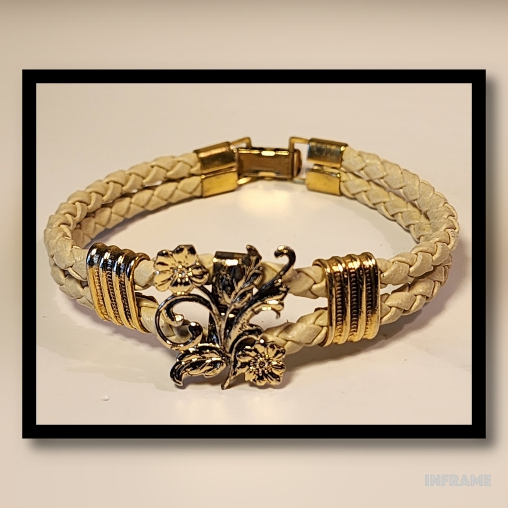 Leather Braided Two-Band Bracelet with Gold Detail